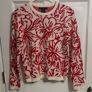 Tahari Cream and Red Floral Crewneck Sweater